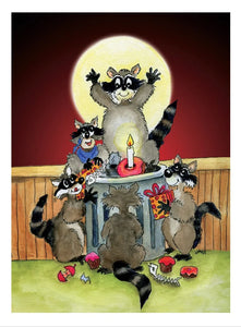 Raccoons Celebrating Birthday Cards by Jacinta INK