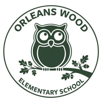 Logo of Orleans Wood Elementary School with an owl design on a white background