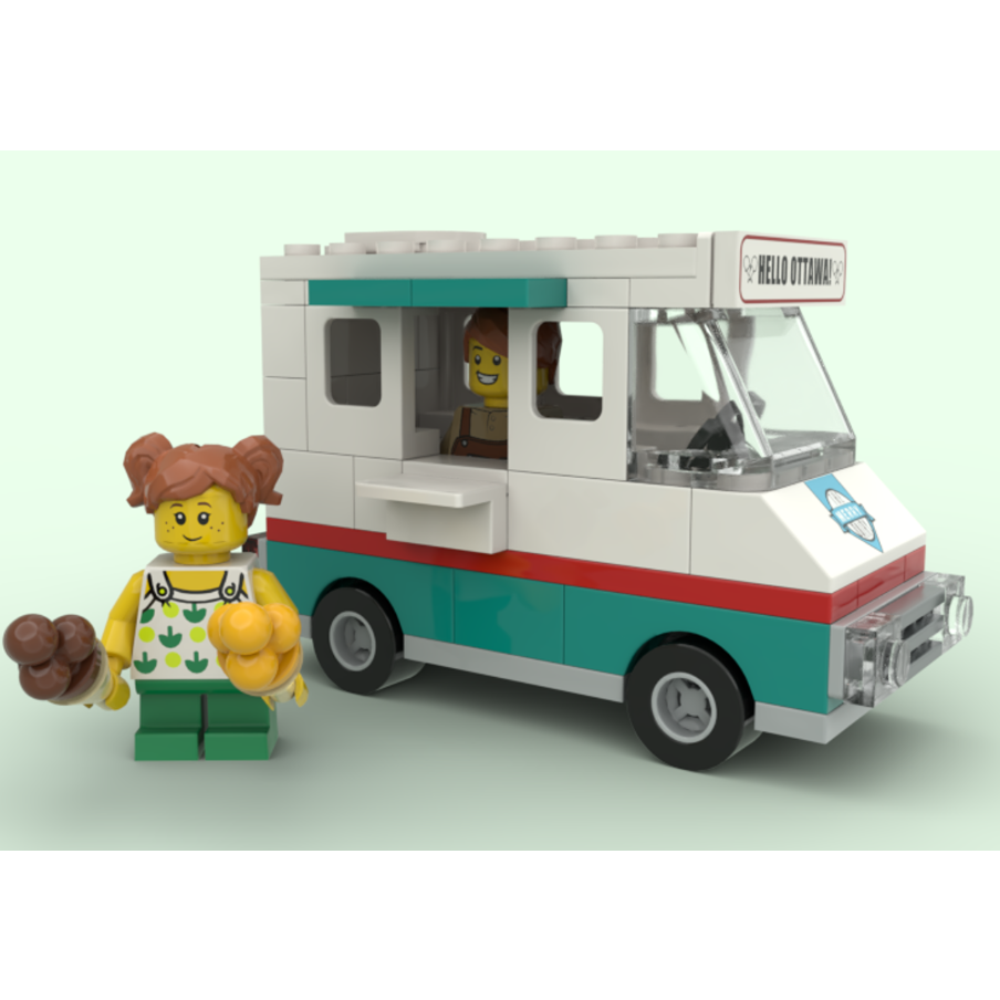 A Merry Dairy ice cream truck made with LEGO bricks with a LEGO figure holding ice cream cones on a light green background