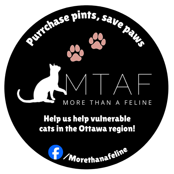 A circular black graphic with white text reading 'Purp chase pints, save paws' and 'More Than A Feline,' plus pink paw prints, a white cat silhouette, and a small Facebook logo on a white background.
