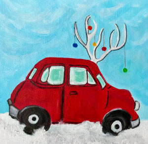 Red Car with Antlers by Maria Connell Holiday Greeting Cards by Local Artists
