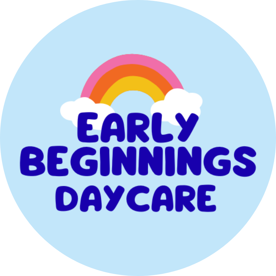 Logo for Early Beginnings Daycare with a rainbow and clouds on a light blue background