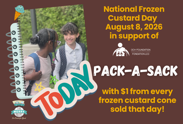Promotional graphic for National Frozen Custard Day on August 8, 2026, in support of the PACK-A-SACK donation program by the DOC Foundation Foundation LCO. The design features a dark brown background with yellow and white text, a spiral notebook illustration, and a central photo of two children outdoors.