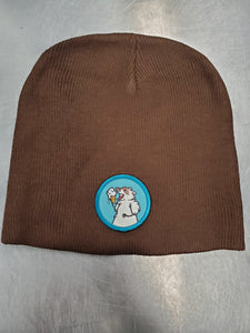 Brown Beanie with Blue Patch! Trash Panda Toques